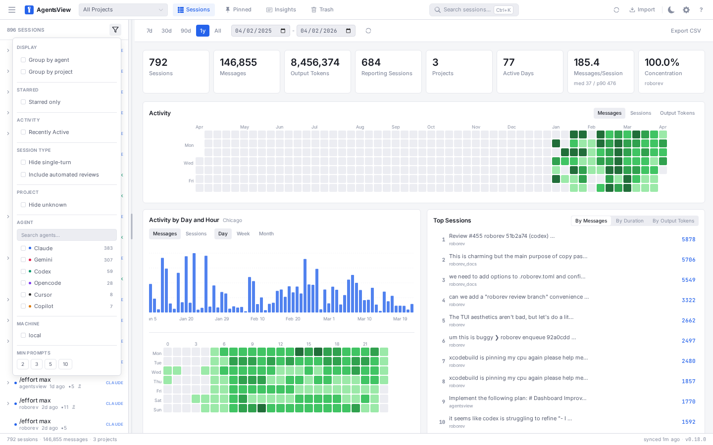 Session filter dropdown